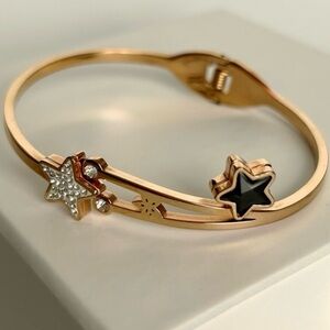 Rose Gold Tone Celestial Star Stainless Steel Hinged Cuff Bracelet